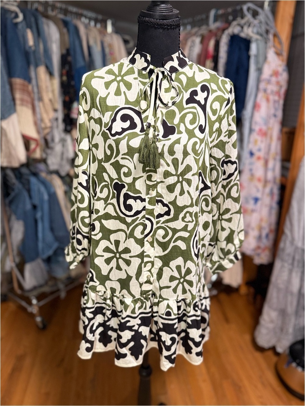 MEET ME IN SANTORINI Olive Scroll Ruffle Hem Mini Dress NWT M